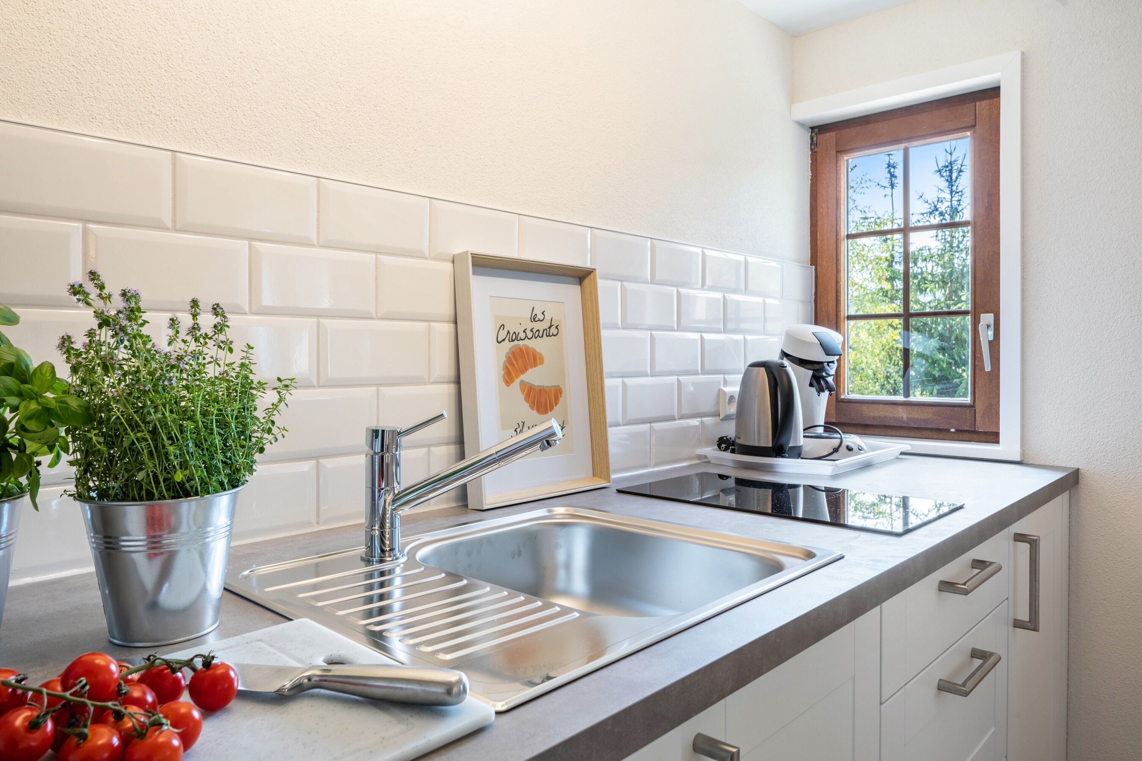 Wasserkocher mit Kaffee-/Teezubehör, Kühlschrank, Herdplatte