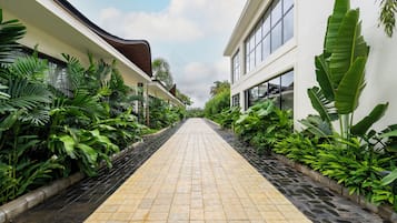 A pathway flanked by lush greenery and modern buildings with large windows.