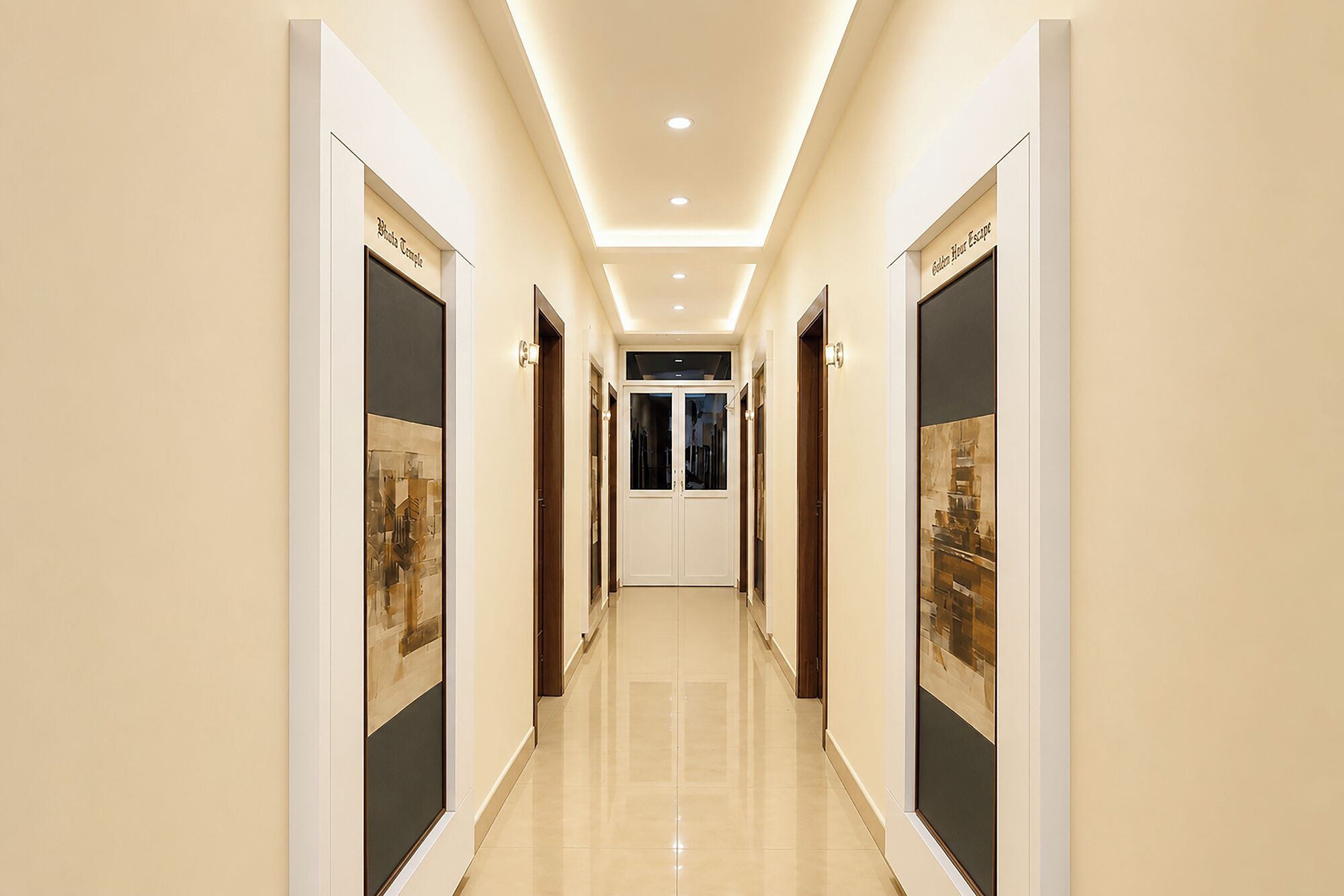 A hallway with doors labeled 'Photo Temple' and 'Golden Hour Escape,' leading to a room with a view.