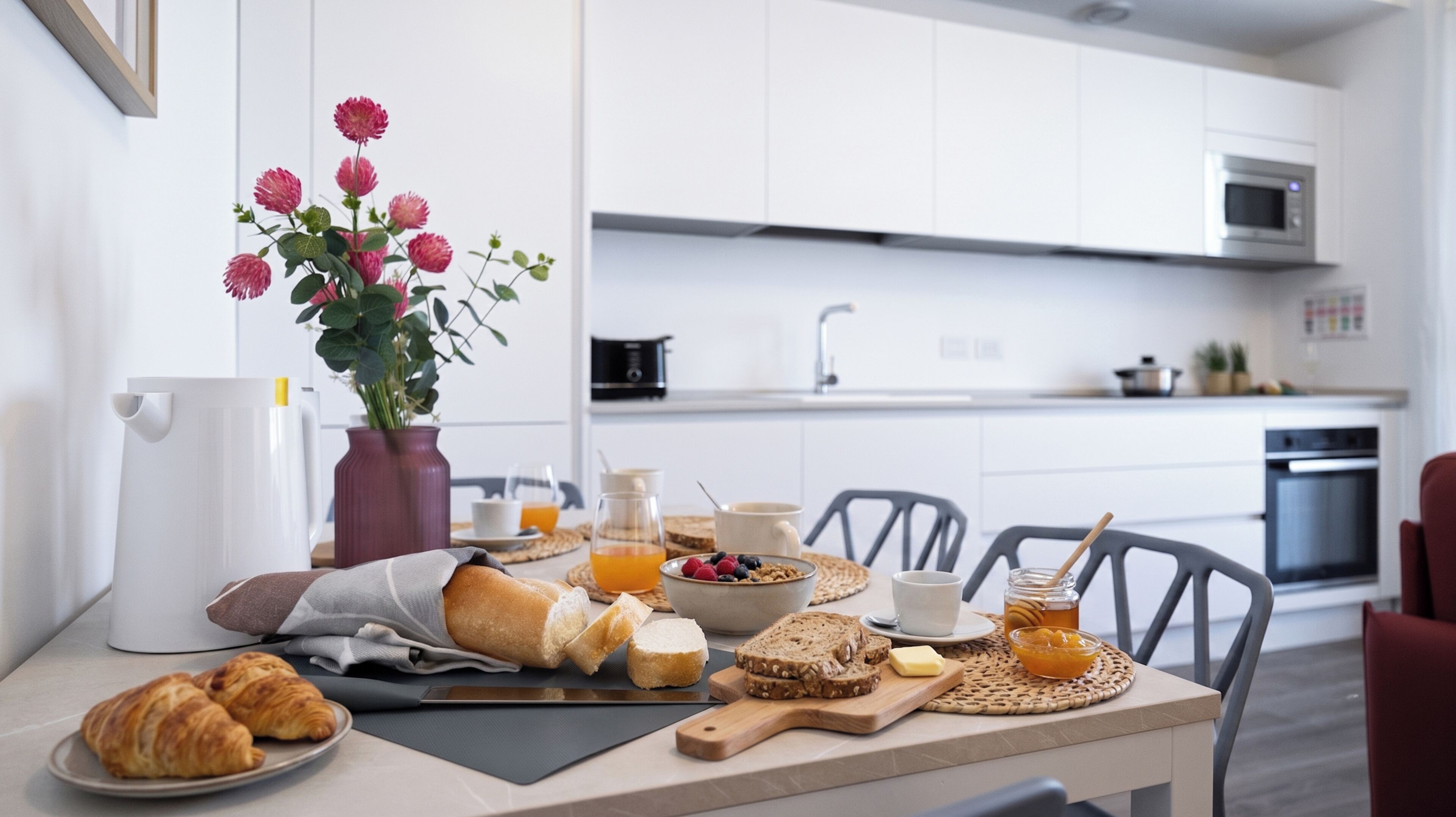 A modern kitchen with white cabinets, a microwave, and a dining area with a table set for breakfast.