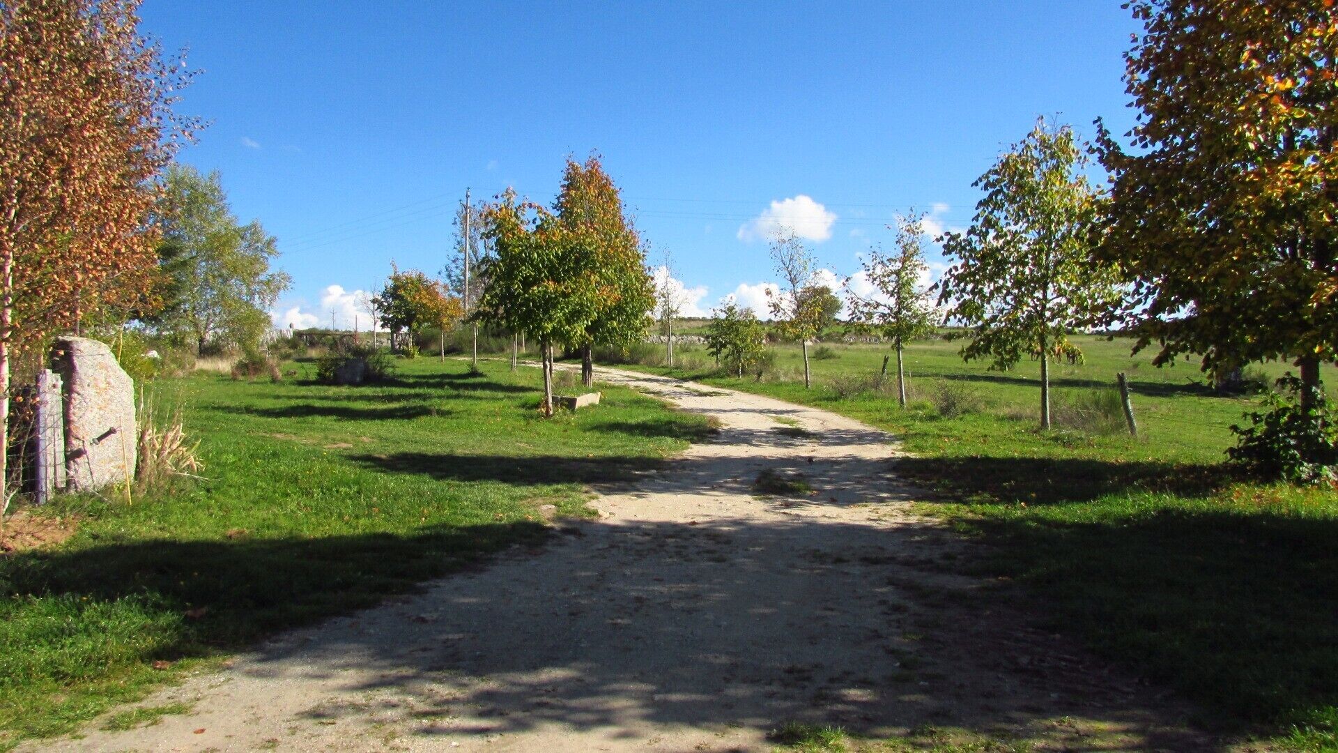Un sentier de terre traverse une zone herbeuse parsemée d’arbres et bordée d’une construction en pierre.
