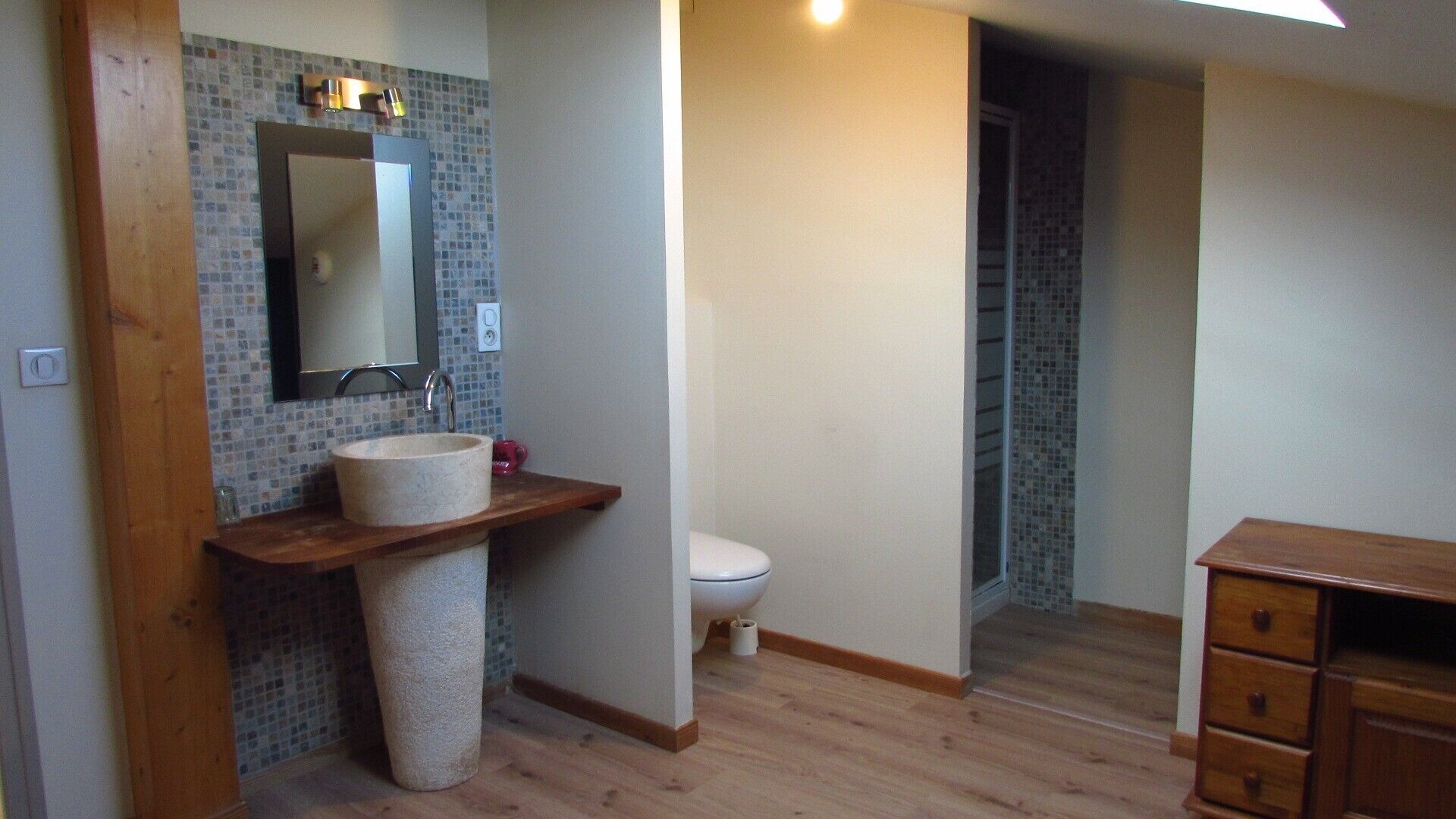 Une salle de bain avec un meuble-lavabo en bois, un lavabo rond, des toilettes et un placard en bois.