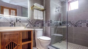Baño con inodoro, ducha y tocador con espejo.