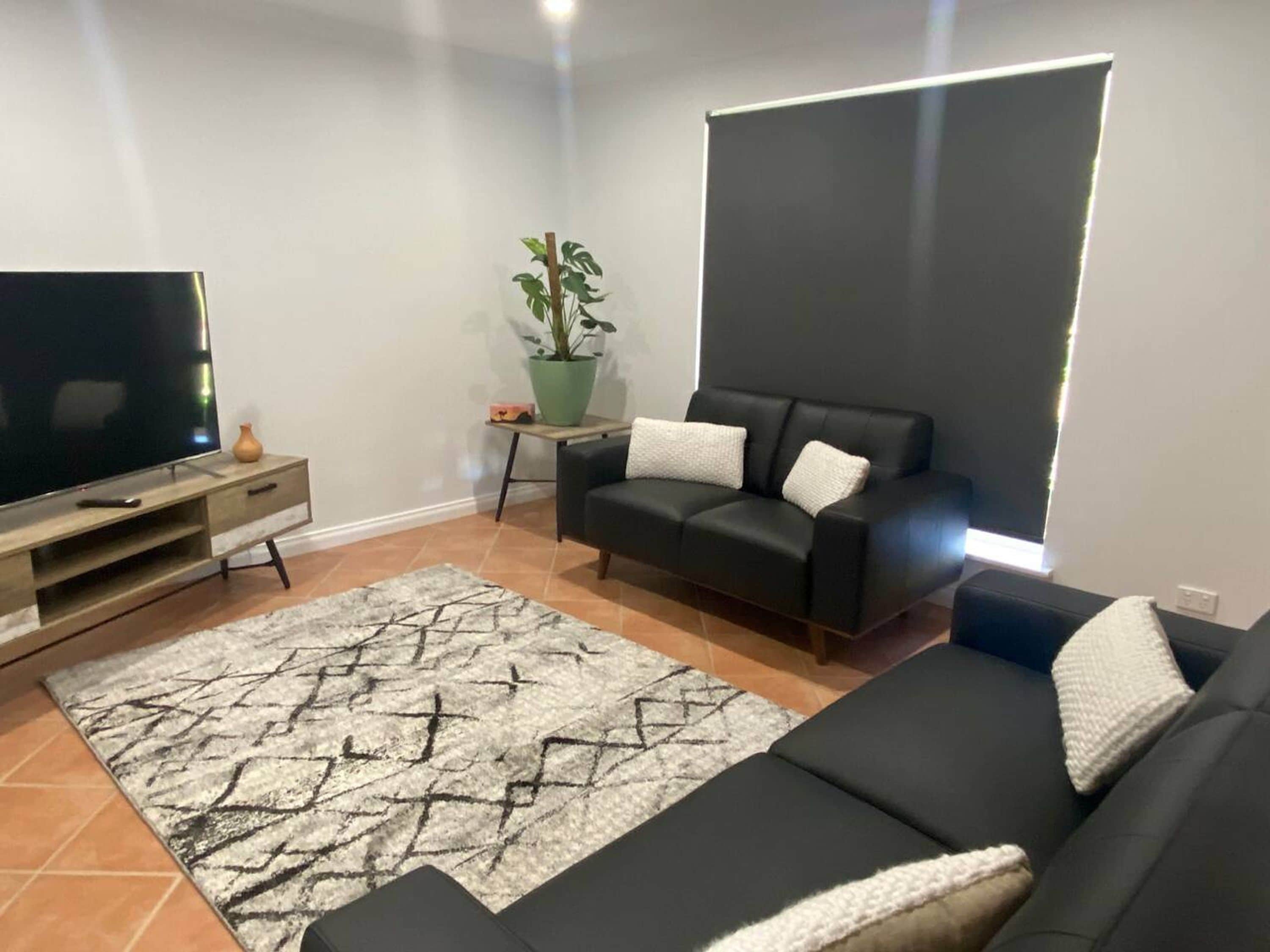 A living room with a flat-screen TV, a black leather sofa, a patterned rug, and a potted plant.