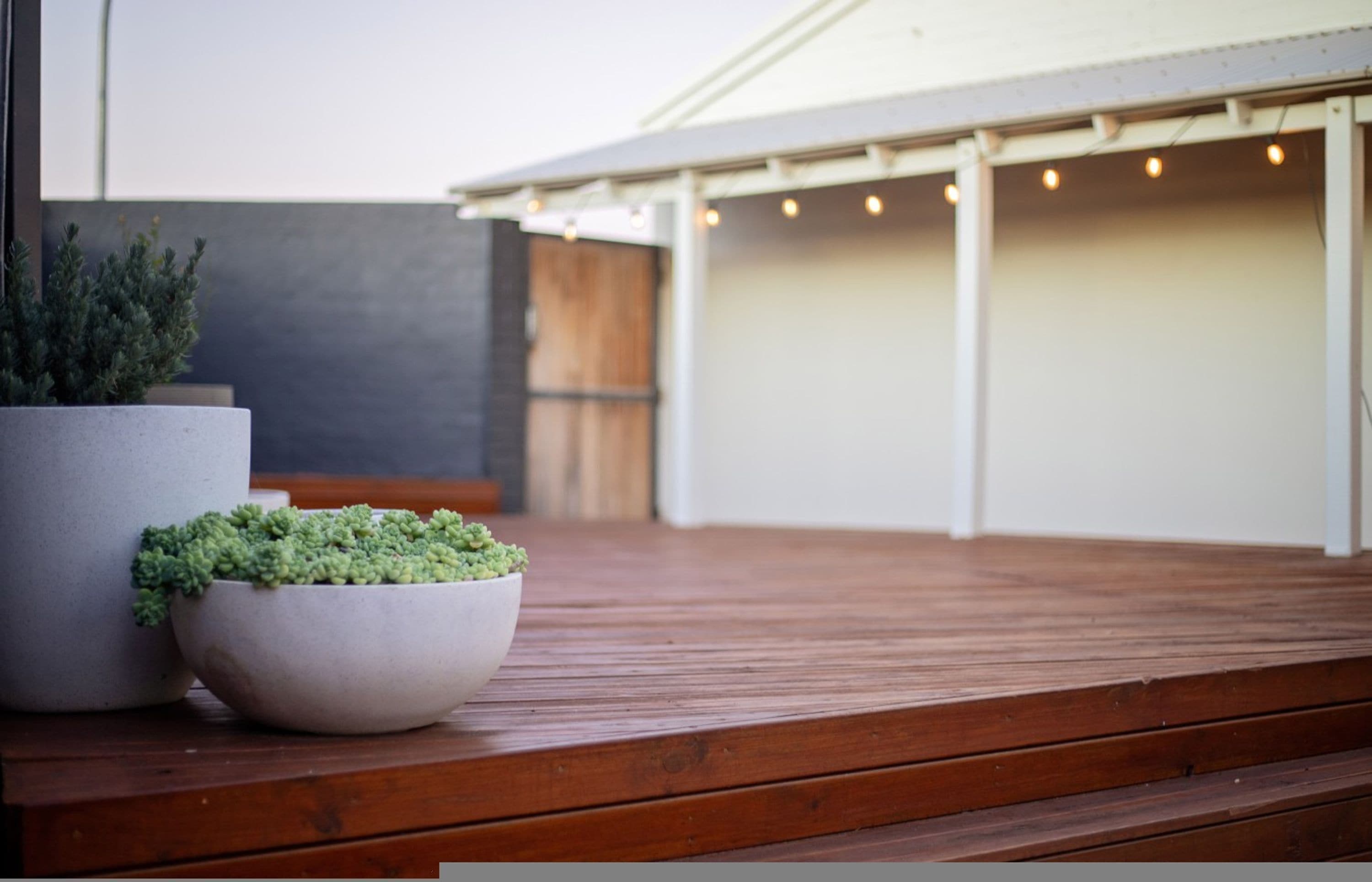 Una terraza de madera con una planta en maceta y un cuenco blanco.