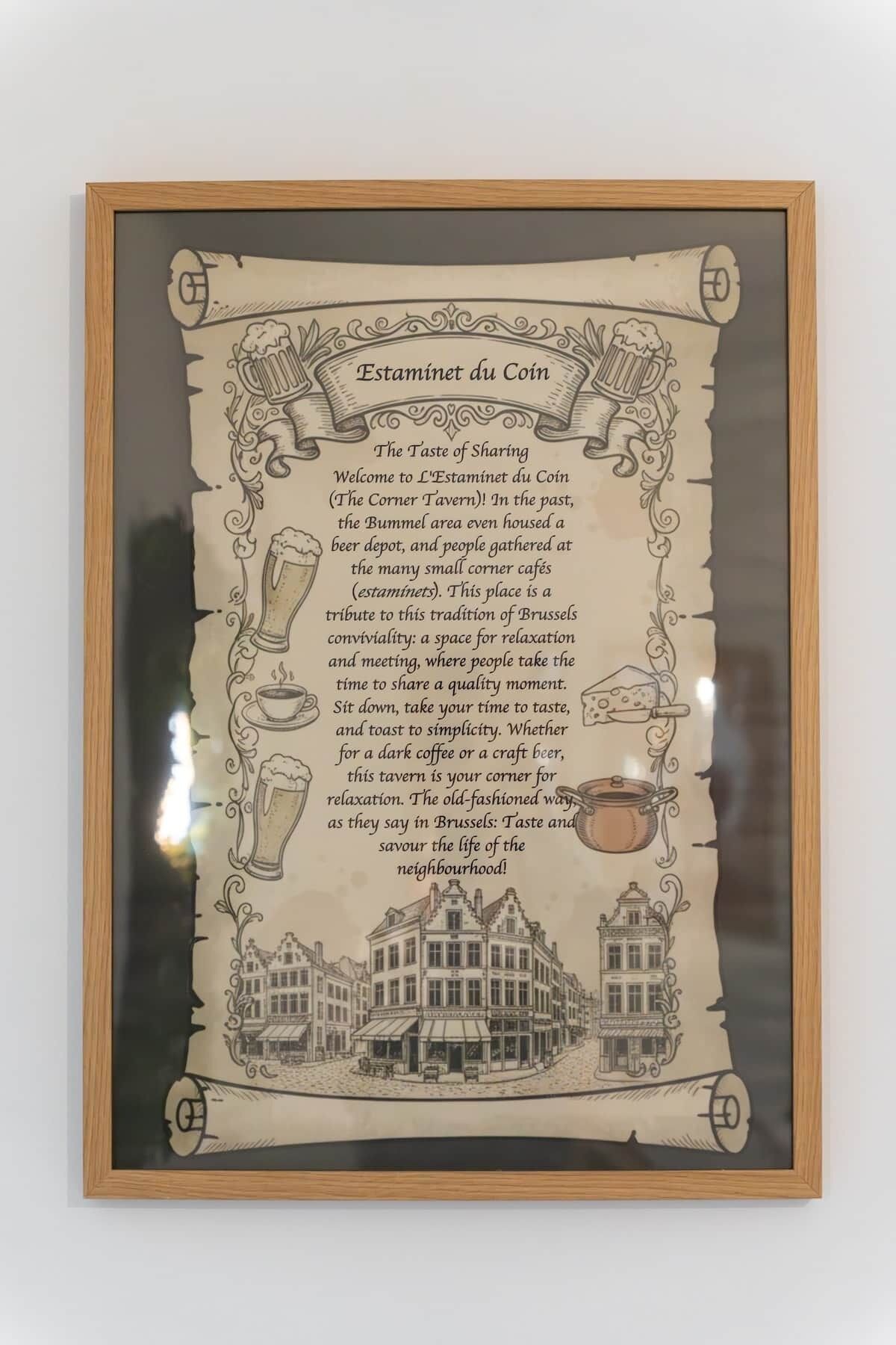A framed historical document with text and illustrations of a beer mug, a cheese slice, and a building facade.
