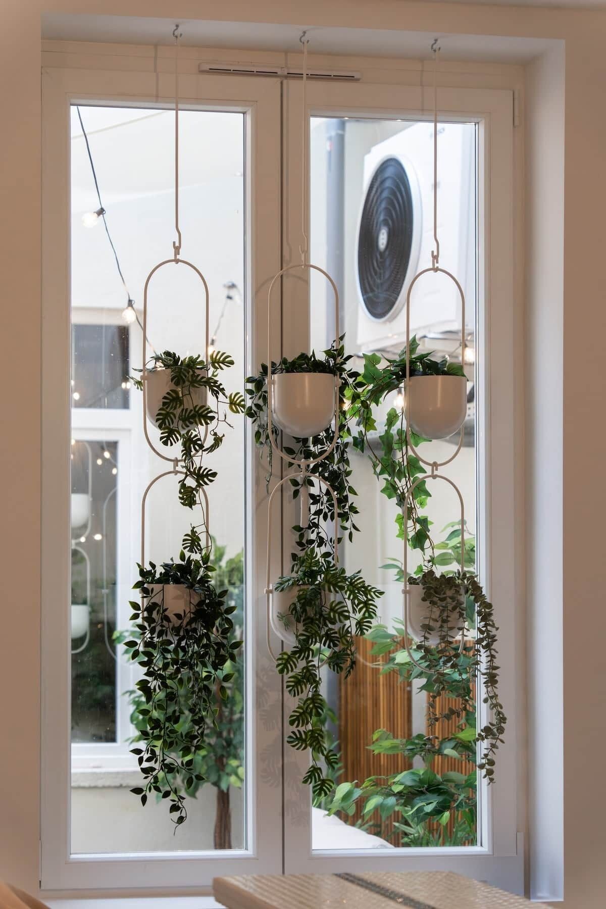 Una habitación con un ventanal amplio, un arreglo de plantas colgantes y un equipo de aire acondicionado visible.