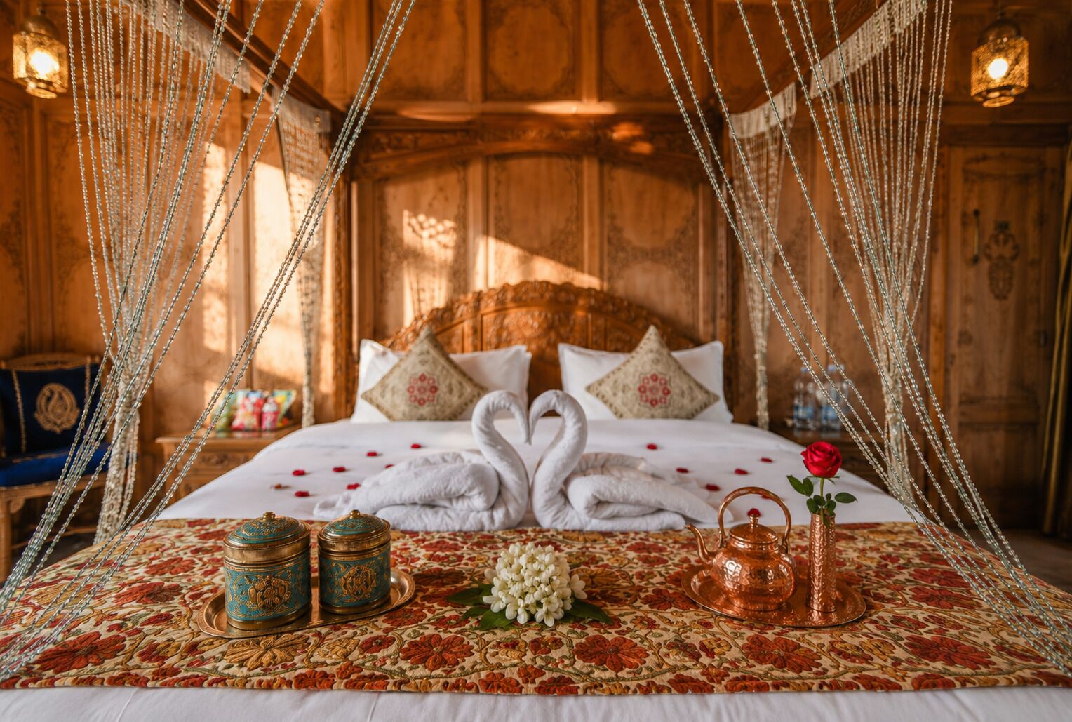 Una cama con dosel, un arreglo de toallas con forma de cisne y una rosa sobre la mesita de noche.