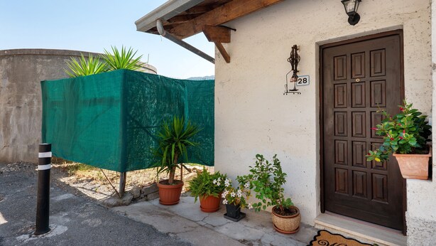Un immeuble avec une porte marron, un paillasson et plusieurs plantes en pot.