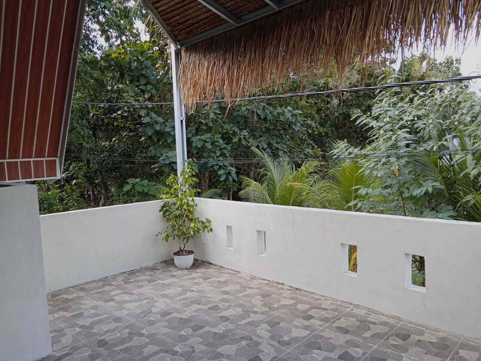 Un espacio exterior cubierto con piso de baldosas, plantas en macetas y una pared blanca con ventanas pequeñas.