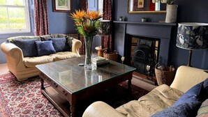 Un salon avec une cheminée, deux canapés, une table basse et une grande fenêtre avec des rideaux.