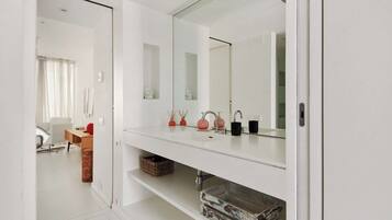 Shower, hair dryer, bidet, towels