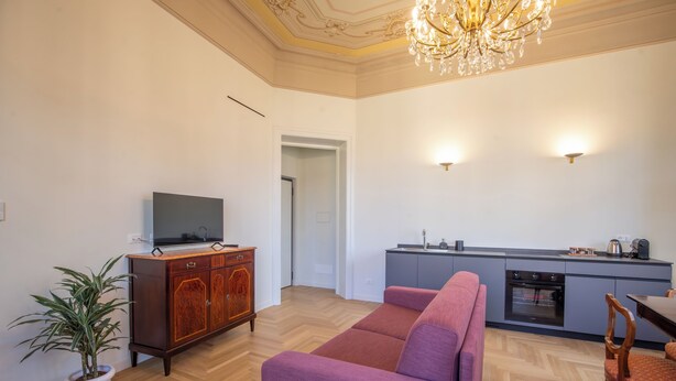 A living room with a sofa, a television on a cabinet, a potted plant, and a kitchen area with a stove and sink. - Luxury Boutique Apartment 2 in Palermo City Center with an Amazing View (Palermo)