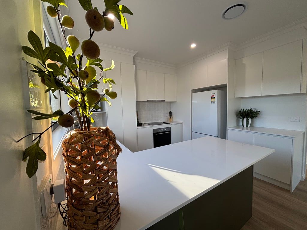 A modern kitchen with white cabinetry, a central island, and a decorative plant.