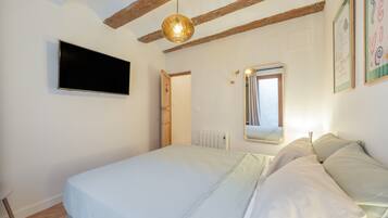 Un dormitorio con cama, televisión, radiador y puerta.