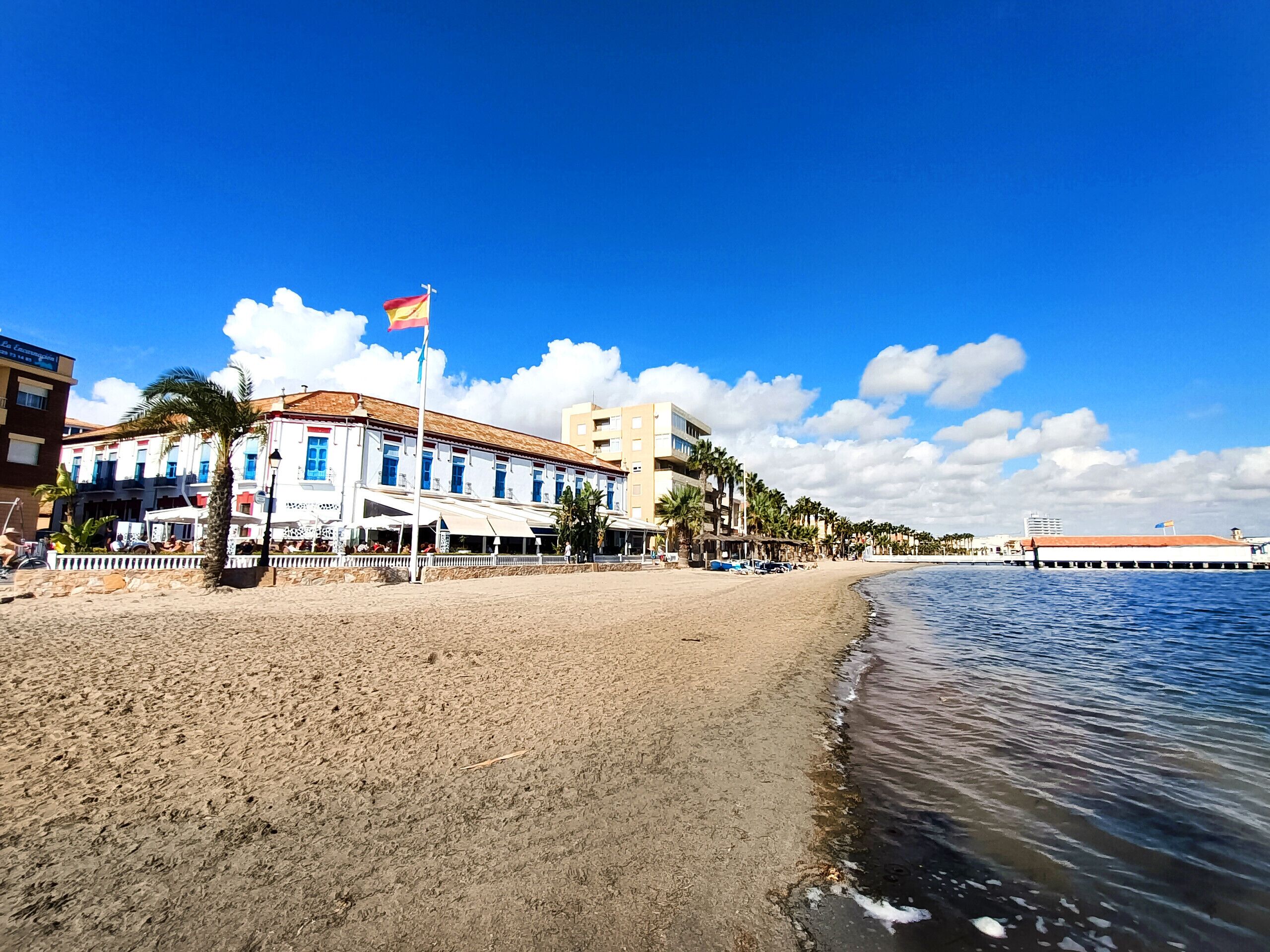 A beachfront hotel with a sandy beach, palm trees, and a flag.