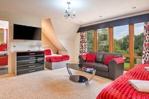 A modern bedroom with a TV, a sofa, a bed, and a large window.