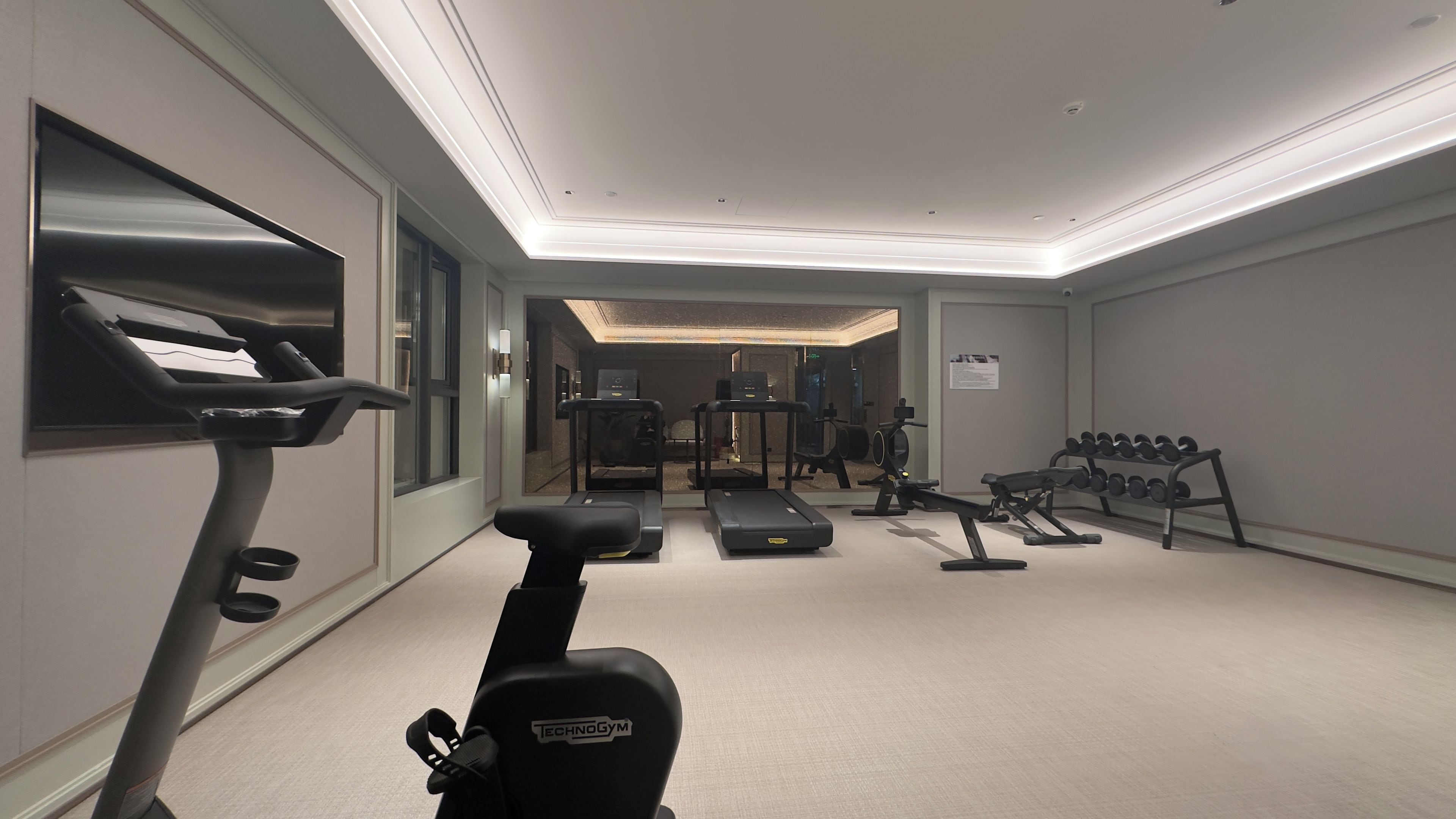 Un gimnasio con equipo cardiovascular, máquinas de pesas y mancuernas.