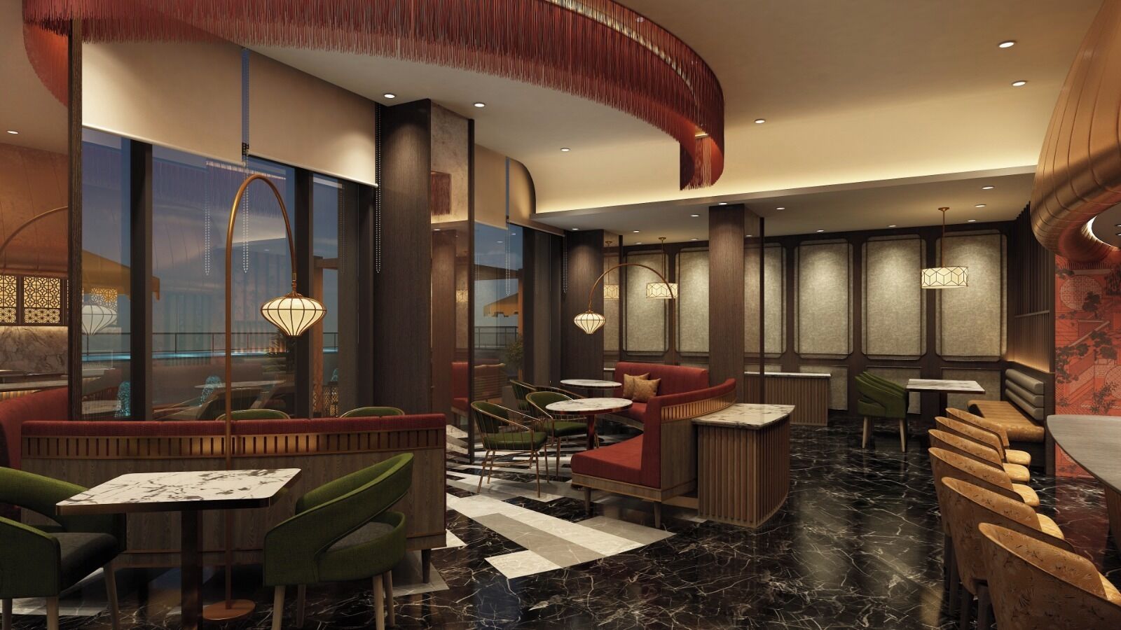 A modern interior with seating arrangements, tables, and decorative lighting fixtures.