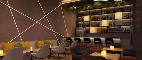 A modern bar area with seating and a wine display.