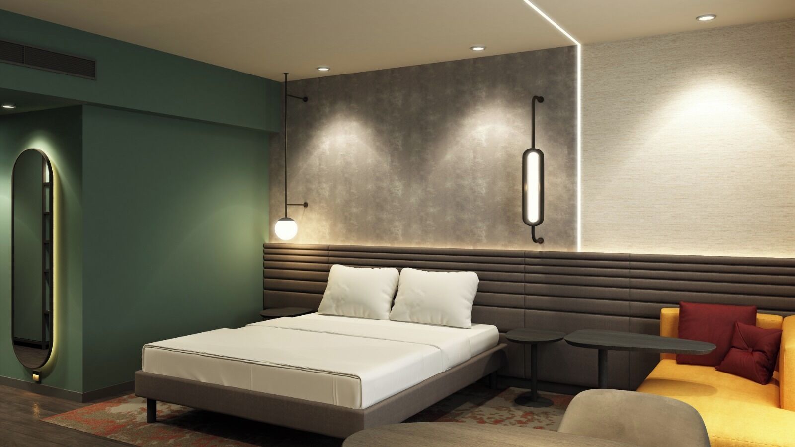 A modern bedroom with a bed, bedside tables, a mirror, and a wall-mounted light fixture.