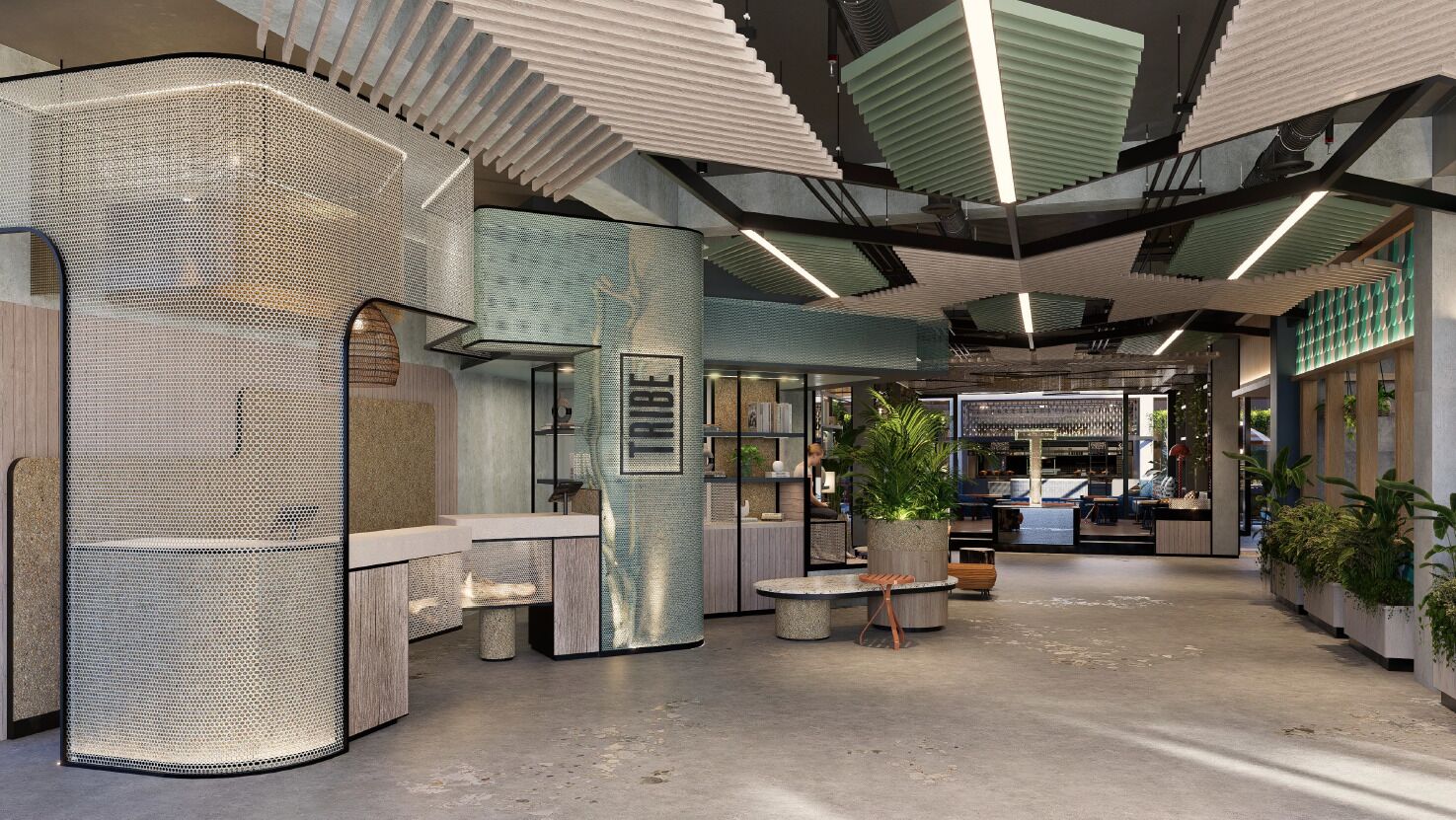 A modern interior with a central seating area, a bar, and a staircase.