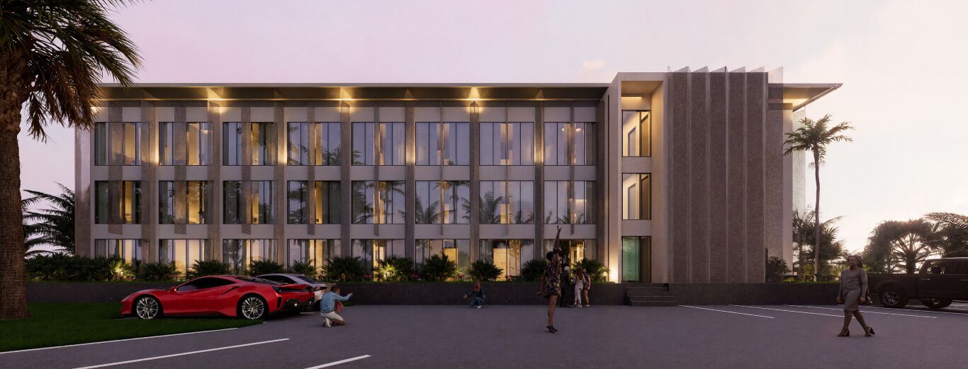 A modern building with a flat roof, large windows, and a parking area with a red sports car.