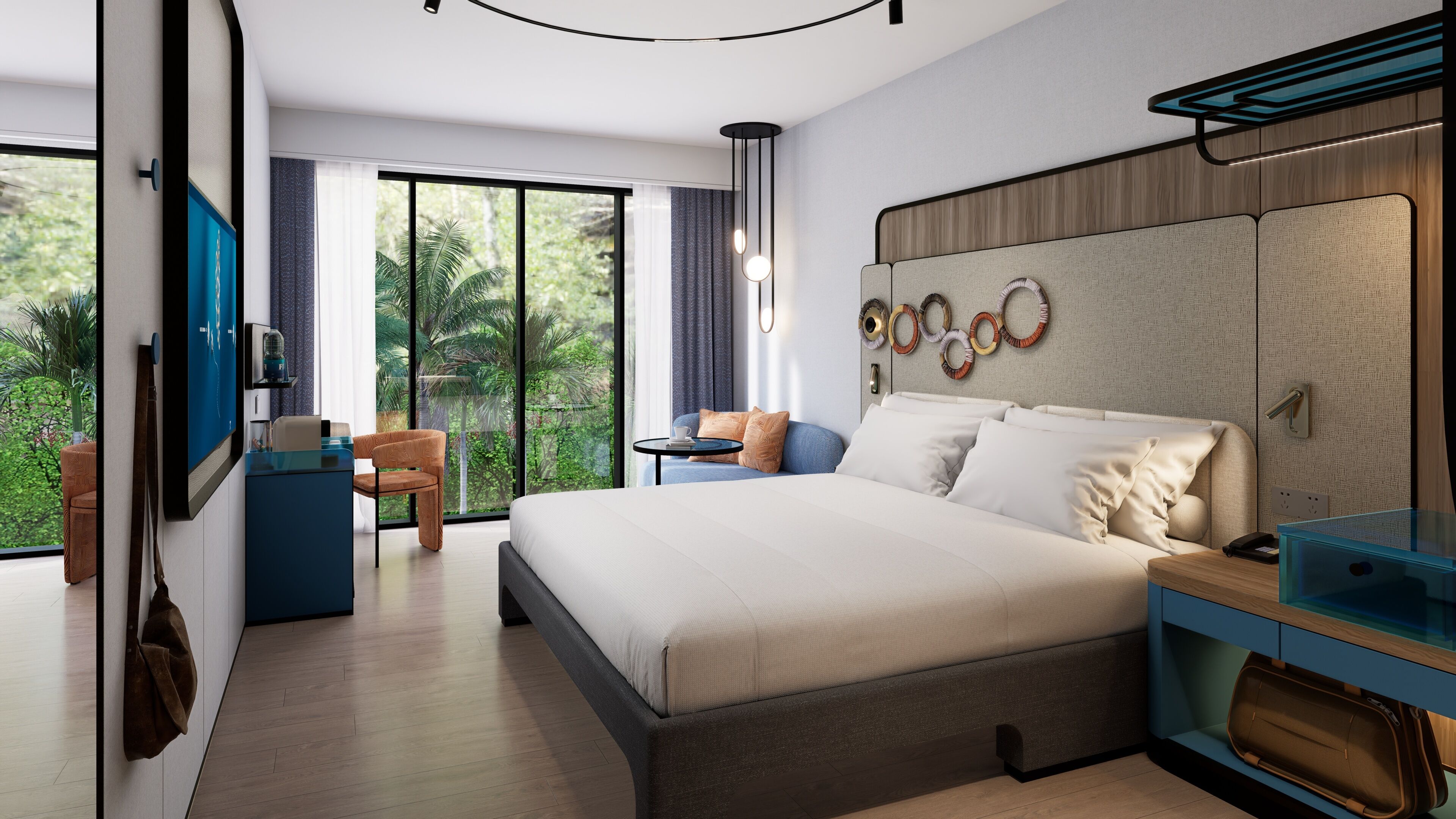 A modern hotel room with a large bed, a desk, a chair, and a view of greenery through the window.