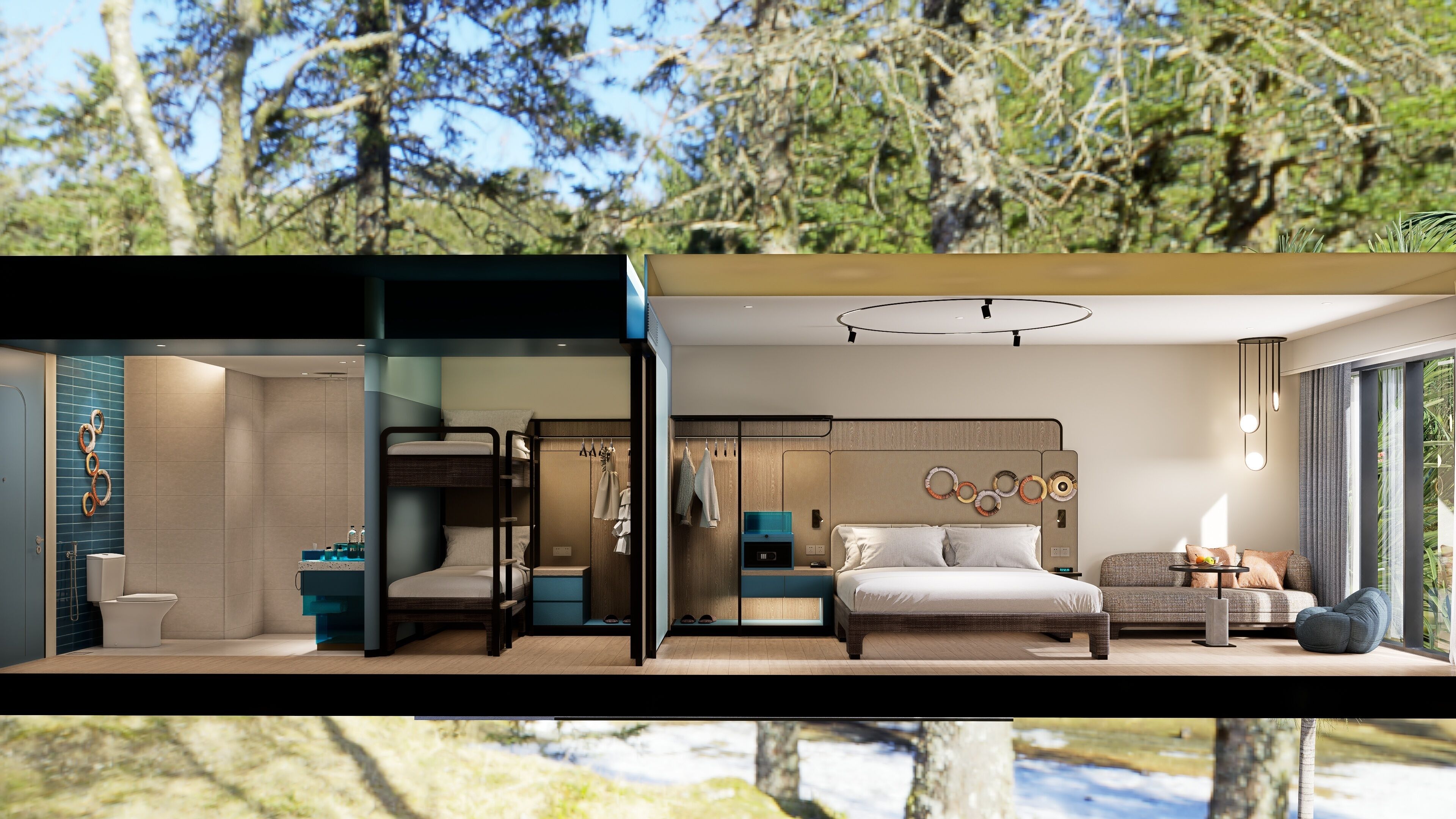 A modern bedroom with a bunk bed, a large bed, and a seating area with a view of trees.