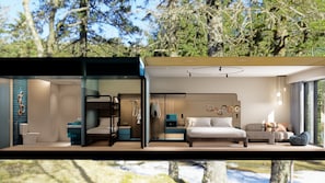 A modern bedroom with a bunk bed, a large bed, and a seating area with a view of trees. - TRIBE NA TOMBA FIJI (Nadi)