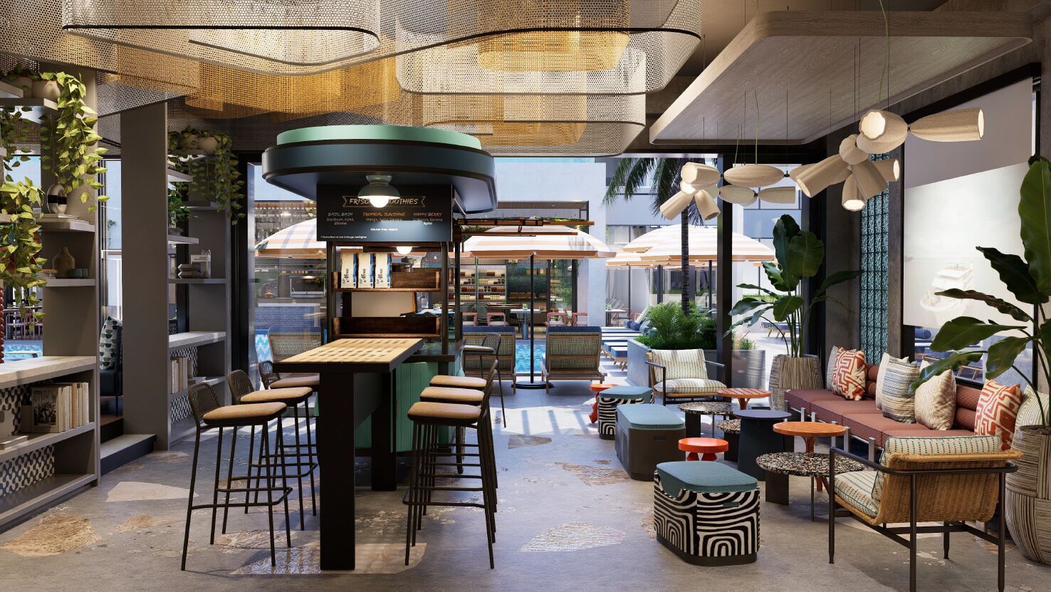 A modern lounge area with bar seating, a central table, and a variety of chairs.