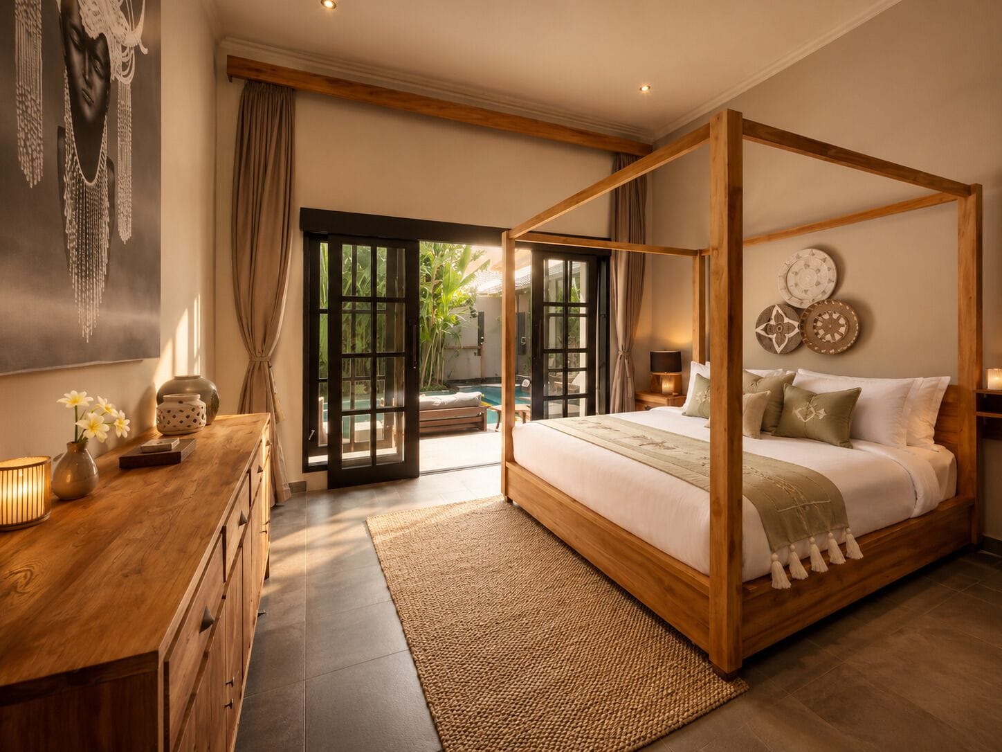 A spacious bedroom with a four-poster bed, a wooden dresser, and a view of the outdoors.