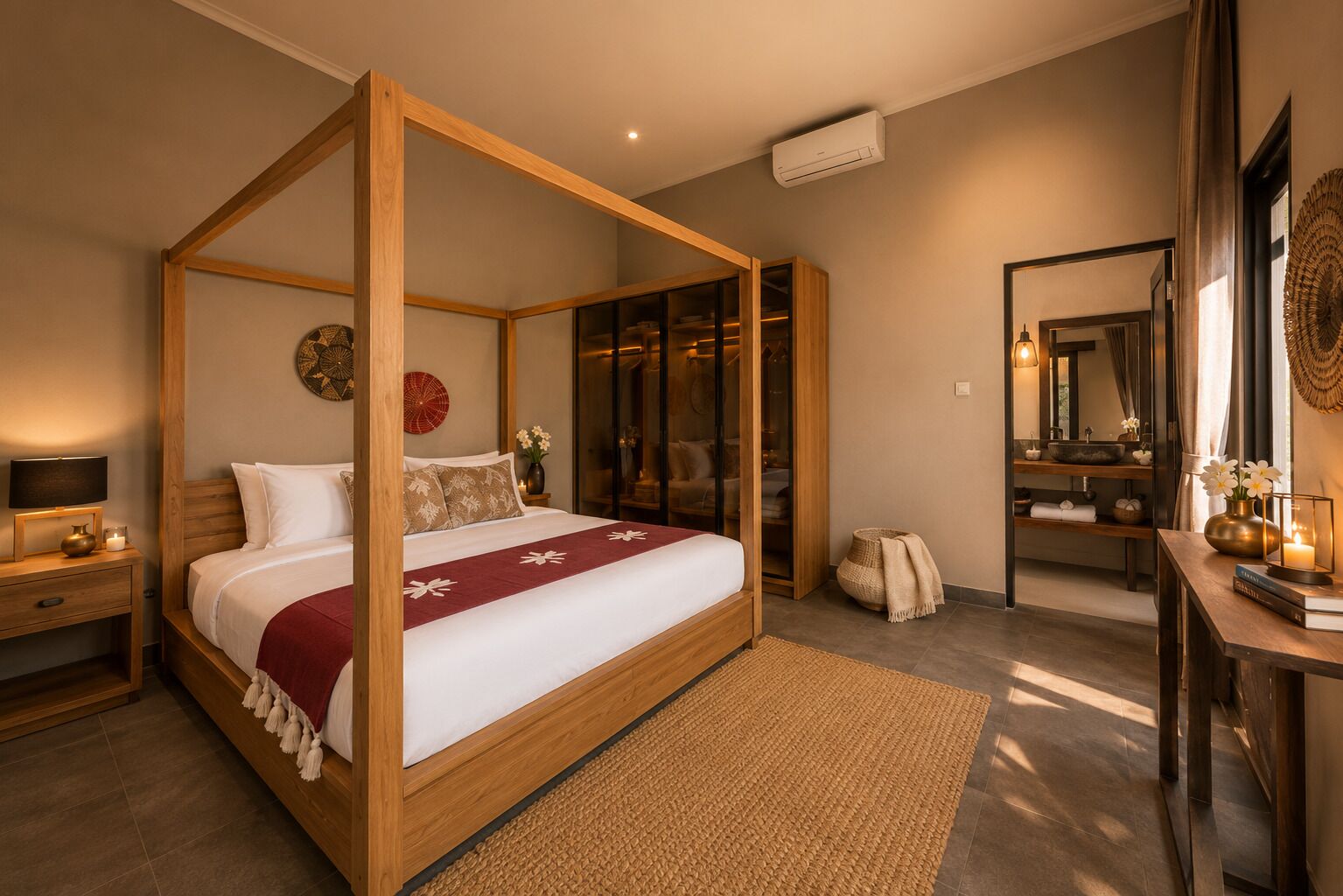 Una cama con dosel, con una manta roja, una mesita de noche con lámpara, un espejo y un pequeño estante con objetos decorativos.
