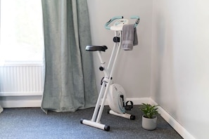 A stationary exercise bike in a corner with a potted plant beside it.