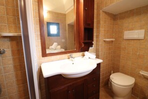 Ein Badezimmer mit einem weißen Waschbecken, einem Spiegel, einem Holzschrank, einer Toilette und einer gefliesten Wand.