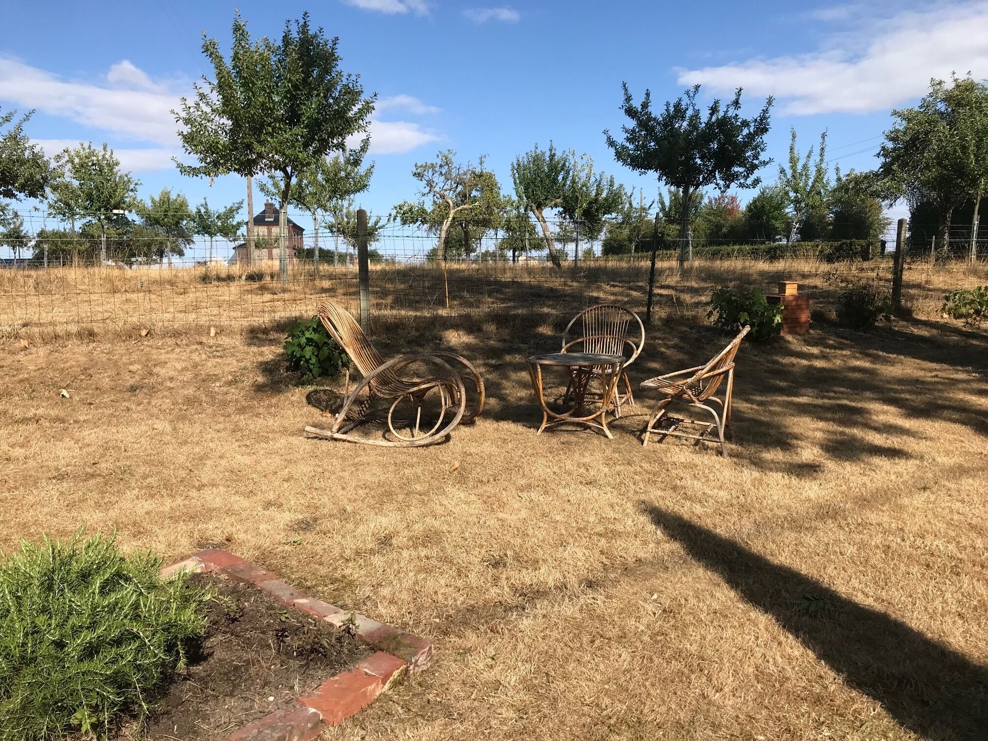 Ein Sitzbereich im Freien mit Korbmöbeln, einem gepflasterten Weg und einem umzäunten Garten.