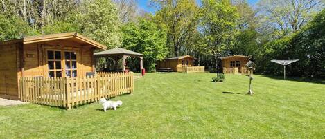 A wooden cabin with a fenced deck, a picnic table, and a small white dog.