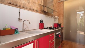 Een moderne keuken met een RVS spoelbak, rode kastjes en een gasfornuis.