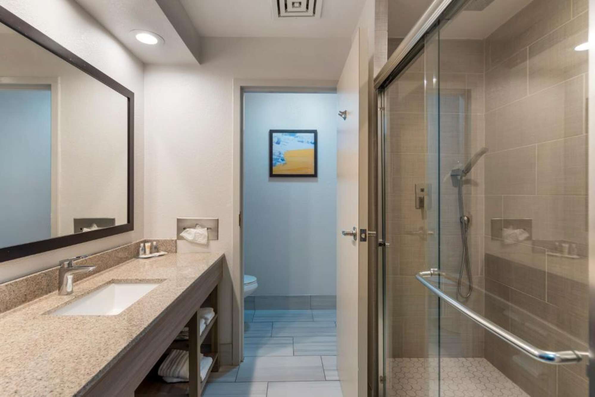 Une salle de bain moderne dotée d’une douche à parois de verre, d’un grand miroir et d’un lavabo avec un plan de travail en granit.