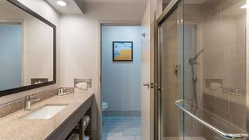 Une salle de bain moderne dotée d’une douche à parois de verre, d’un grand miroir et d’un lavabo avec un plan de travail en granit.