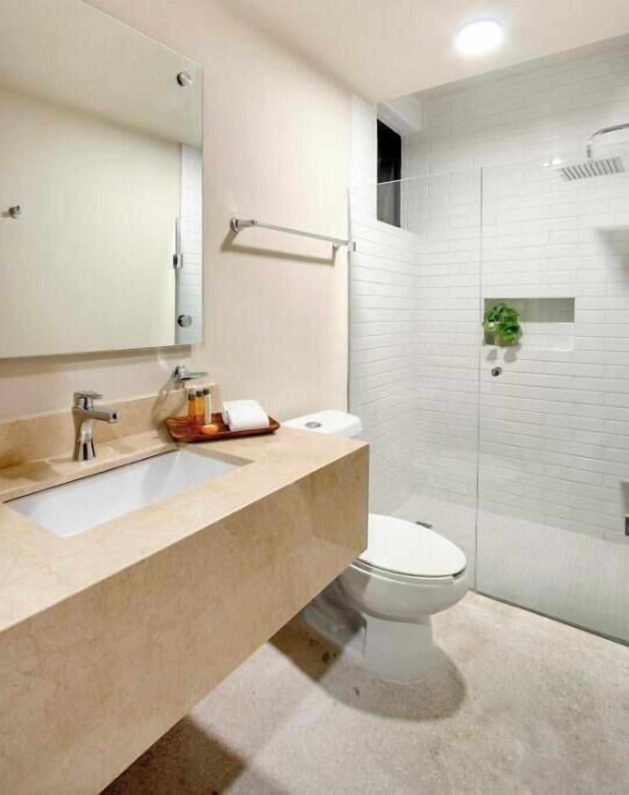A bathroom with a sink, toilet, and shower area.