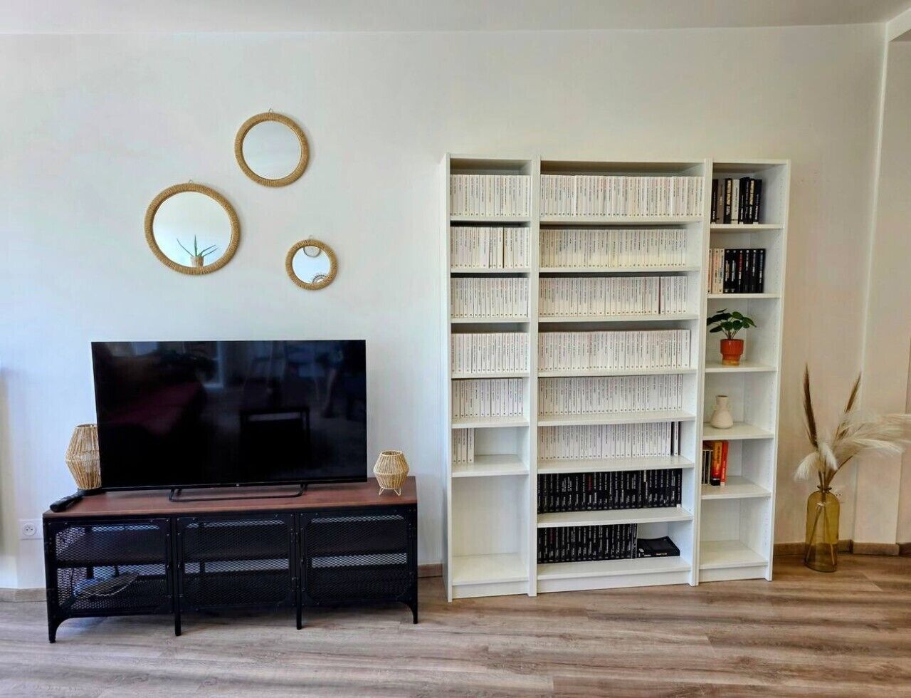 Ein Wohnzimmer mit Flachbildfernseher, Bücherregal und dekorativen Spiegeln.