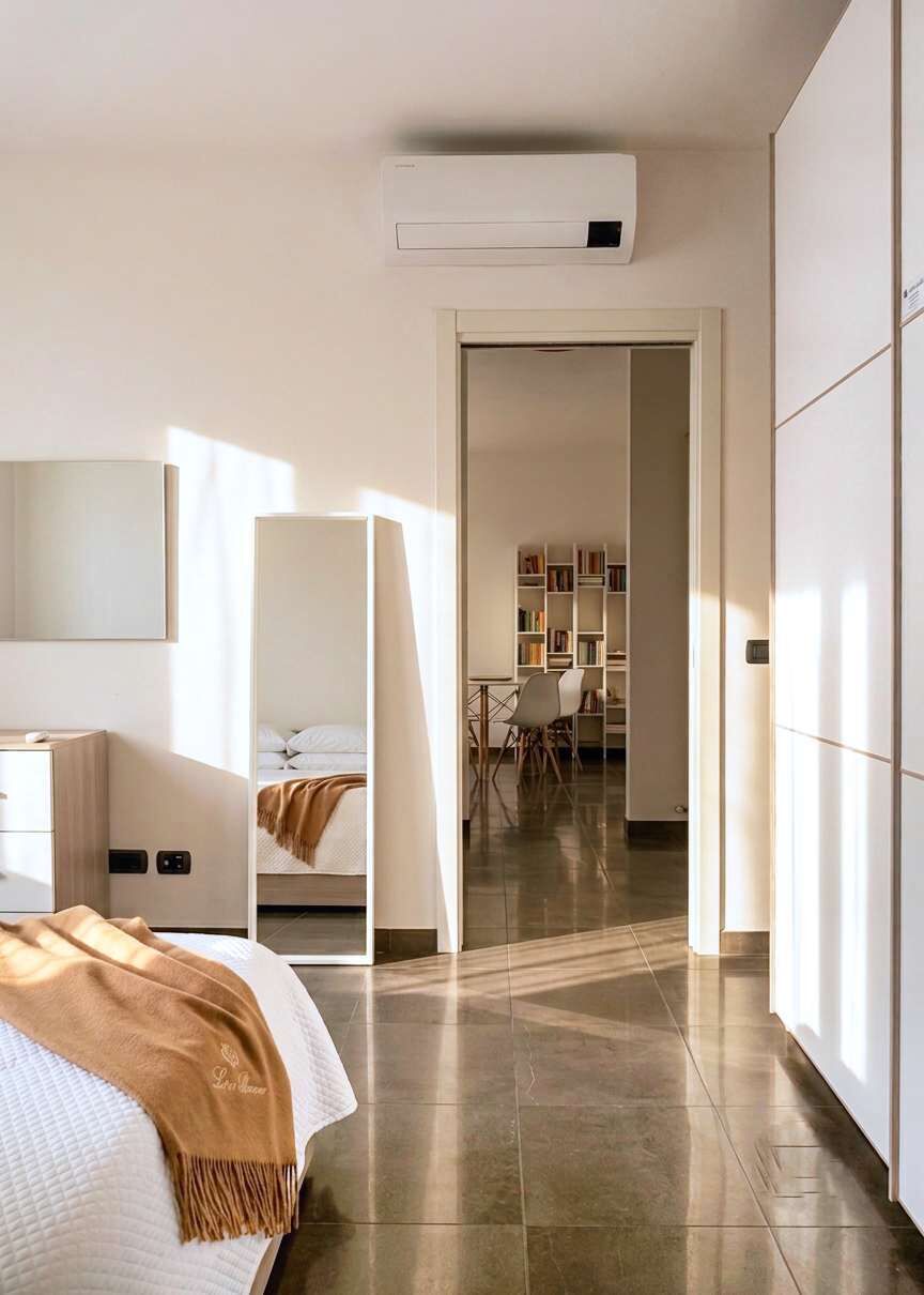 A modern hotel room with a bed, a desk, a chair, and a bookshelf.