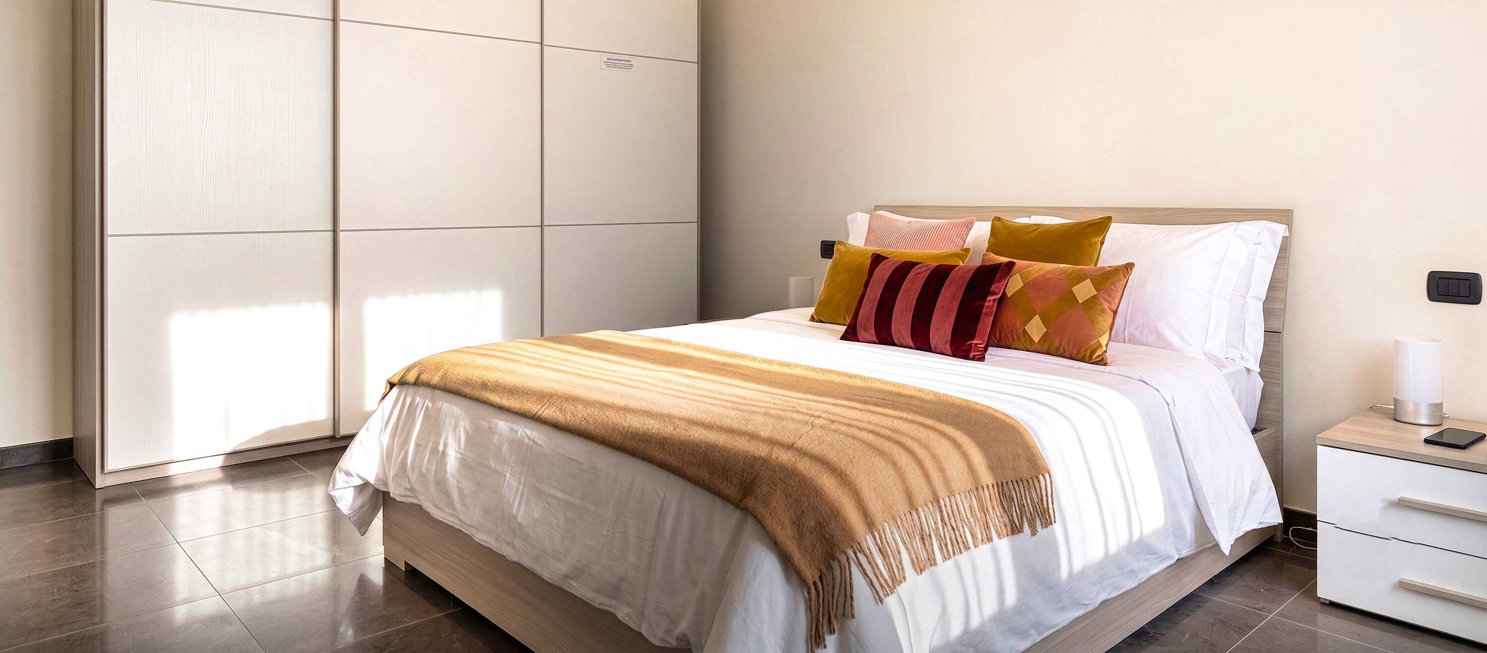 A neatly made bed with a white and beige bedspread, multiple pillows in various colors, a bedside table with a lamp, and a wardrobe with sliding doors.