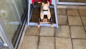 A wooden rocking horse toy placed on a tiled floor next to a glass door. - Siesta Beach Getaway With Heated Pool (Siesta Key)
