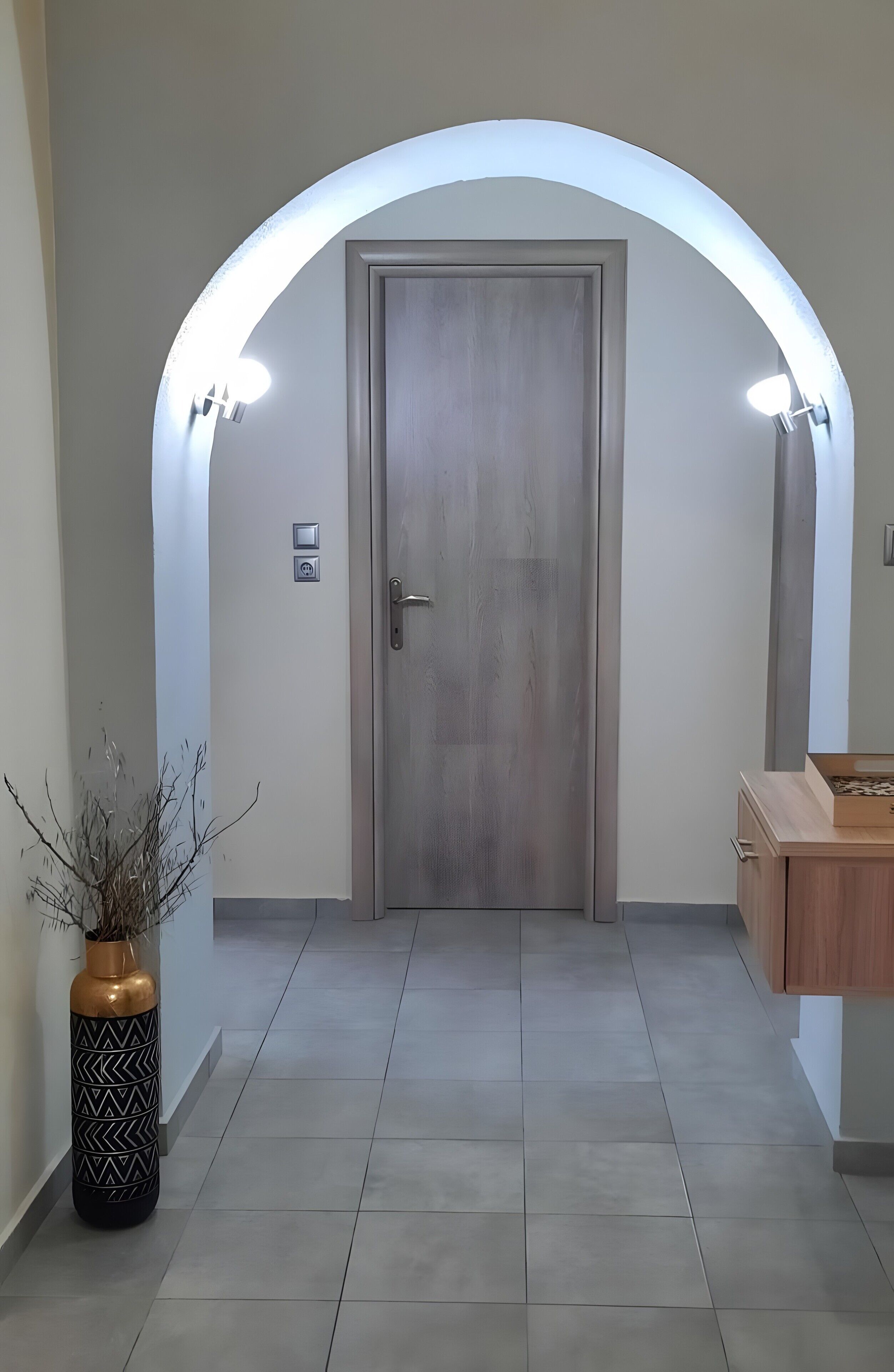 A hallway with a wooden door, a potted plant, and a cabinet.