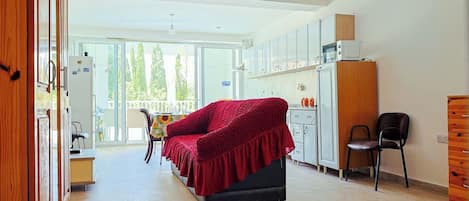 A spacious room with a bed, a dining table, and a kitchen area.