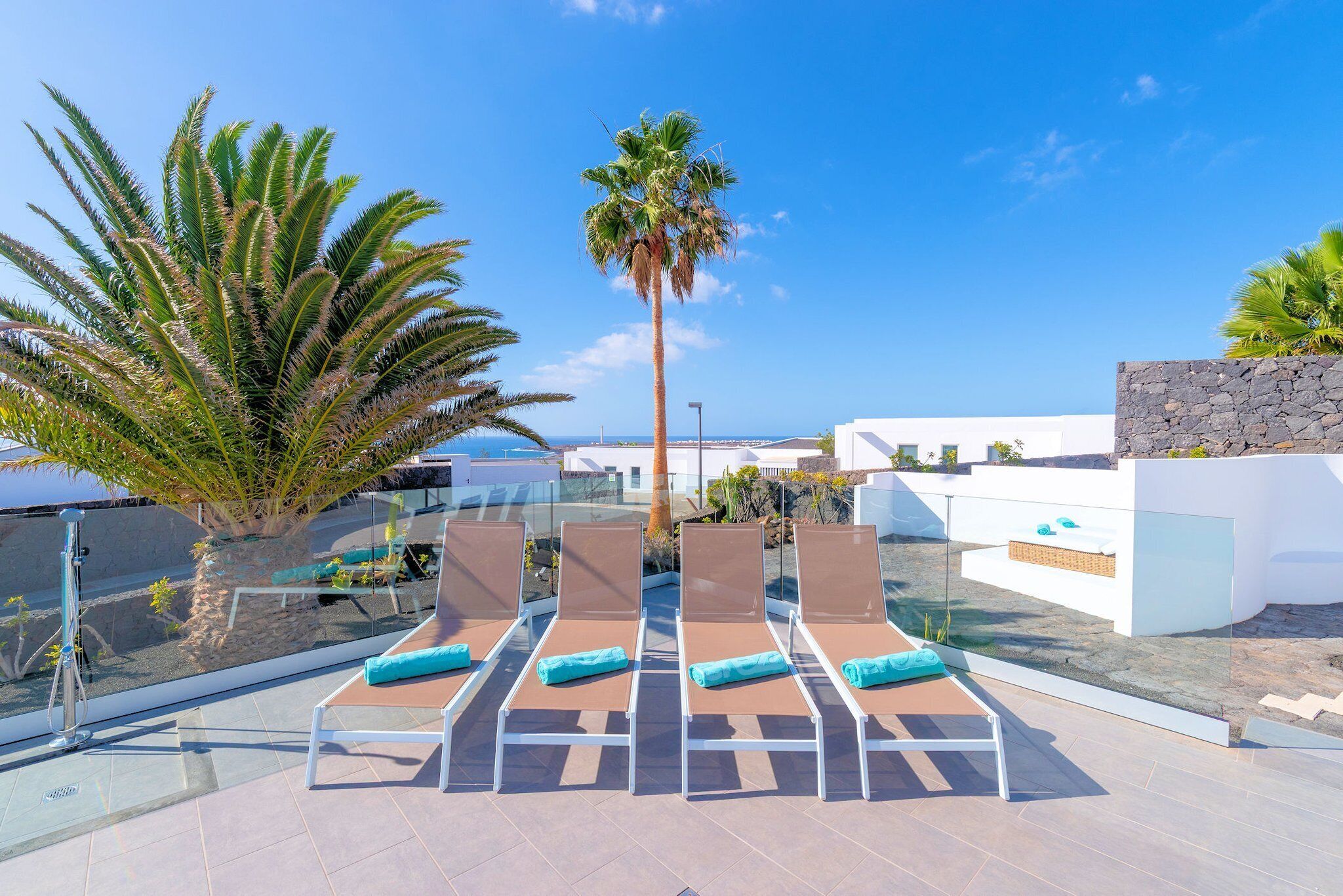 Un área de descanso en la azotea con sillones reclinables y una palmera.