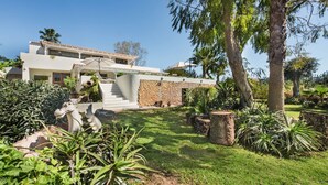 Ein modernes, zweistöckiges Haus mit einer Stein-Fassade, ein gepflegter Garten mit verschiedenen Pflanzen und eine Treppe, die zum Eingang führt.