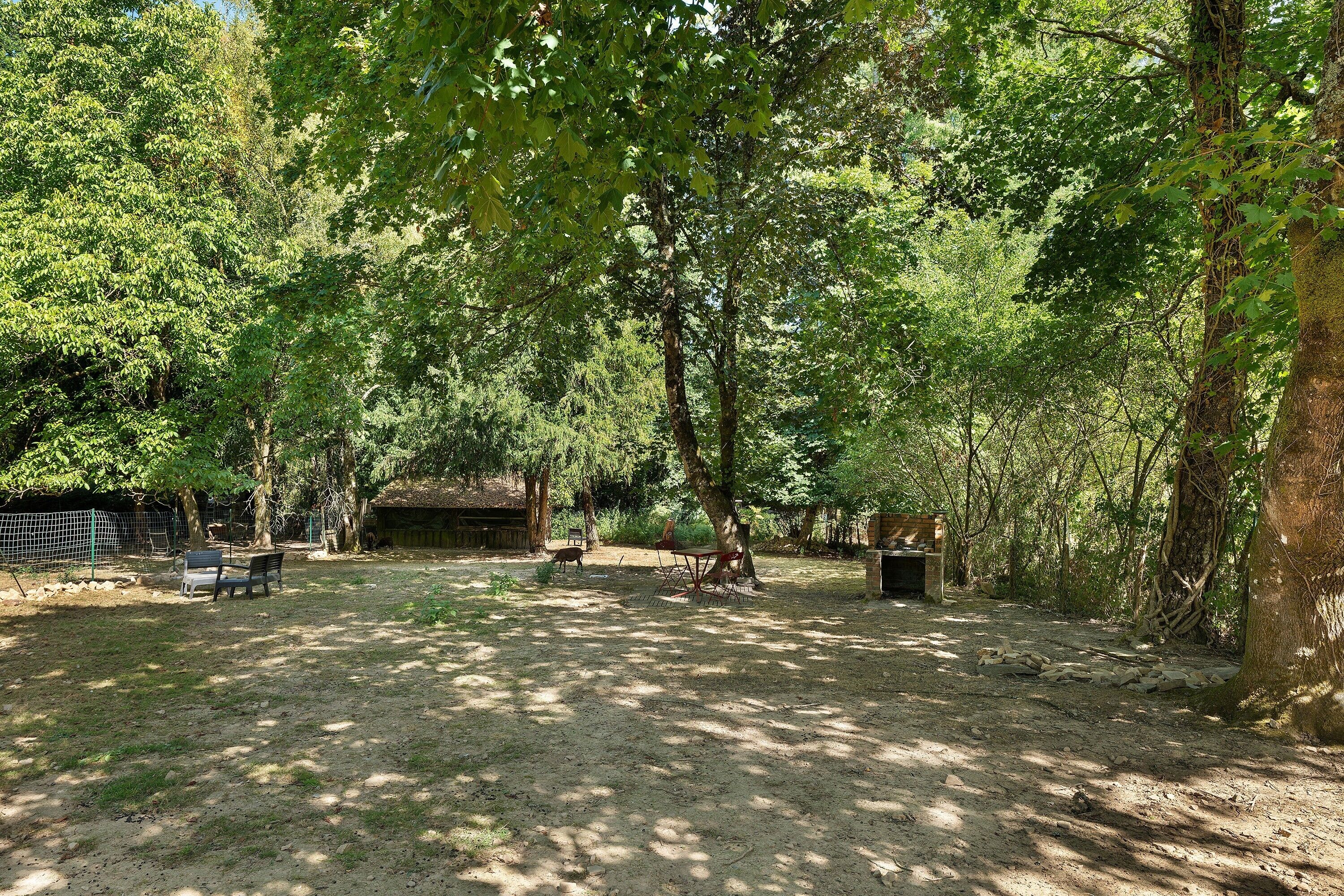 Un terrain de camping équipé d’une table de pique-nique, de bancs et d’une cheminée en briques.